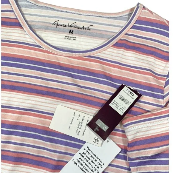 Gloria Vanderbilt Medium Pink Striped Amanda Tee Short Sleeve Crew Neck Preppy - Picture 5 of 8